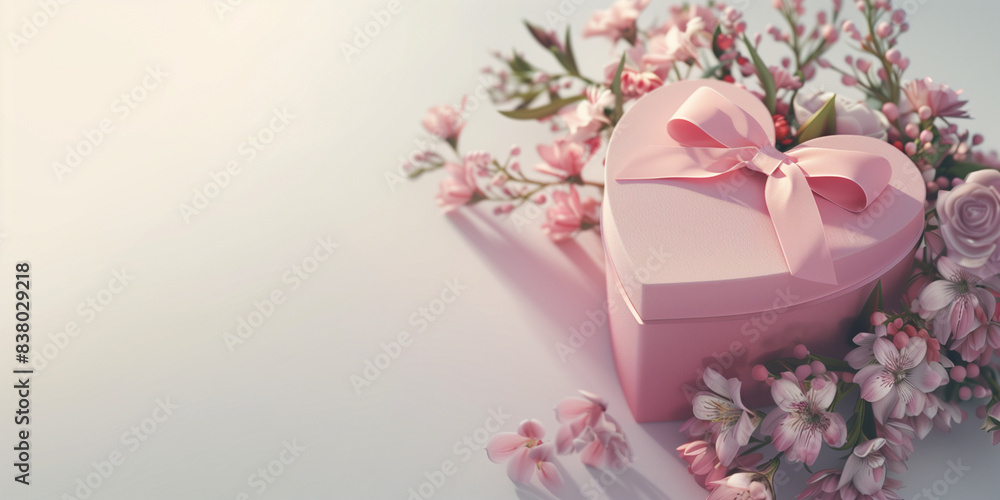 Gift box in heart shape with flowers, perfect for Valentine's Day, Christmas, birthdays, and Mother's Day. Features empty text space. Minimal design. Gift box in heart shape with flowers, perfect for Valentine's Day, Christmas, birthdays, and Mother's Day. Features empty text space. Minimal design.