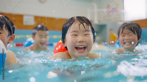 屋内プールで泳ぐ日本人の子供達 photo