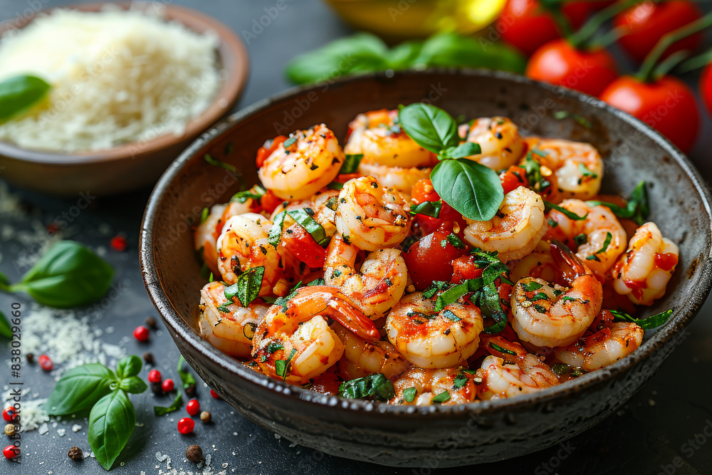 Shrimps or prawns cooked with tomatoes and herbs in rustic bowl olive oil and spices Shrimps or prawns cooked with tomatoes and herbs in rustic bowl olive oil and spices