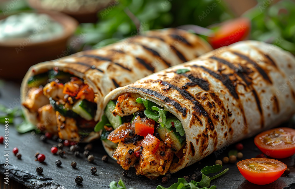 Shawarma chicken tomatoes cucumber red onion garlic parsley and dill on wooden background in rustic style Shawarma chicken tomatoes cucumber red onion garlic parsley and dill on wooden background in rustic style