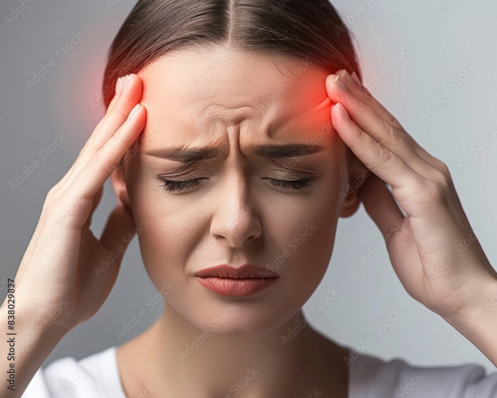 A woman rubs her temples with a pained expression. This indicates both headaches and fatigue. A woman rubs her temples with a pained expression. This indicates both headaches and fatigue.