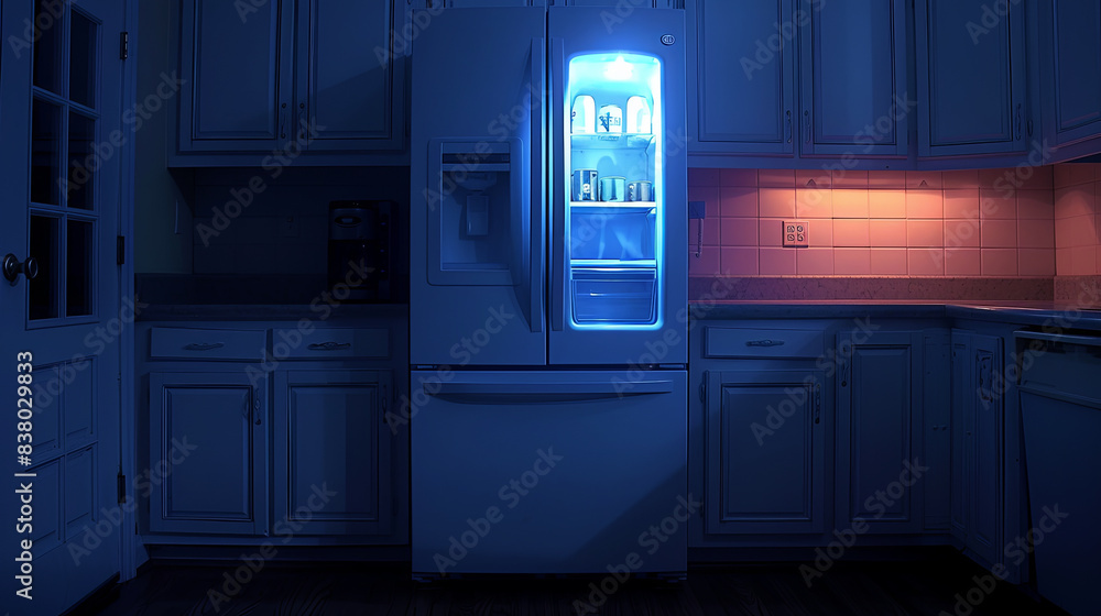 A refrigerator with a blue light on it is in a dark kitchen A refrigerator with a blue light on it is in a dark kitchen