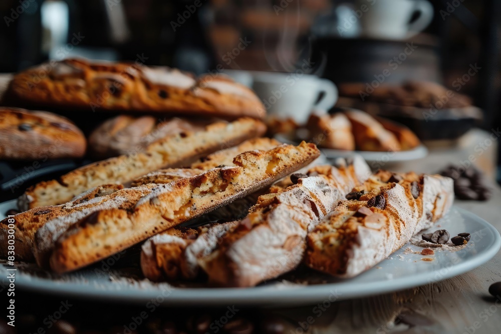 A close-up of assorted biscotti on a plate with blurred background, featuring coffee cups, beans, and baked goods. A close-up of assorted biscotti on a plate with blurred background, featuring coffee cups, beans, and baked goods.