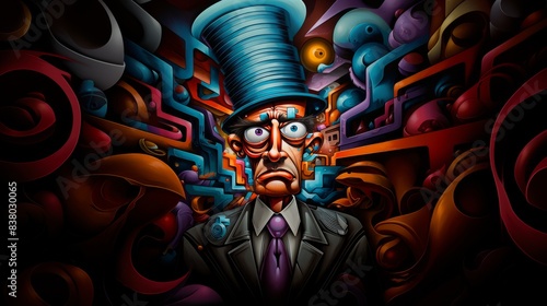 Surreal Abstract Portrait of Man in Suit with Unusual Hat and Vivid Background  3D Comic Style