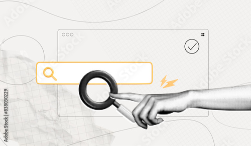 Trendy Halftone Collage Hand points to Search bar. Job for hire online. Find information in internet browser. Data base. Seo marketing concept. Cutout paper elements. Contemporary vector art