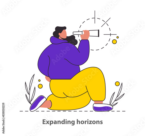 Expanding Horizons concept A character peers through a spyglass, symbolizing the search for new opportunities and vistas An inspiring scene of anticipation and possibility Vector illustration