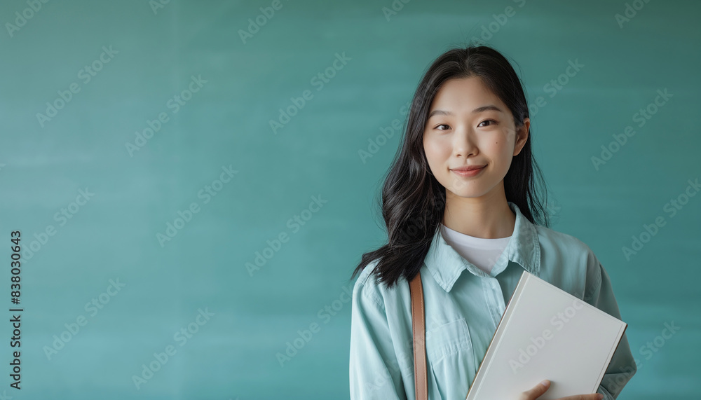 Confident Asian Teacher Standing in Front of the Chalk Board in Classroom Confident Asian Teacher Standing in Front of the Chalk Board in Classroom