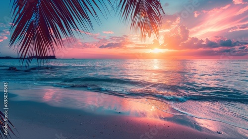 Panoramic sunset view of the beautiful coast, with turquoise sea next to fine sandy beaches and palm trees