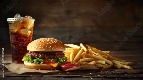 Delicious cheeseburger and fries with a cold drink on a rustic wooden table. Fast food classic combo. Perfect for restaurant ads and food blogs. Realistic style. AI