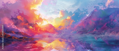 Surreal landscape with colorful clouds and mountains  creating a dreamy and vibrant scene. Ideal for backgrounds  fantasy art  and nature-themed designs.