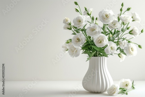 White eustoma bouquet in a white vase on a white table