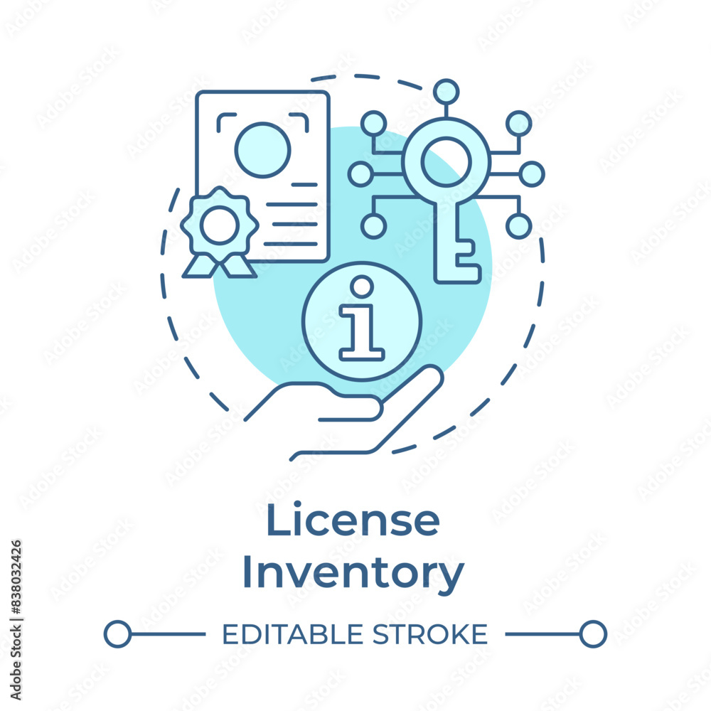 License inventory soft blue concept icon. Software asset management. Compliance certificate. Round shape line illustration. Abstract idea. Graphic design. Easy to use in infographic, presentation License inventory soft blue concept icon. Software asset management. Compliance certificate. Round shape line illustration. Abstract idea. Graphic design. Easy to use in infographic, presentation