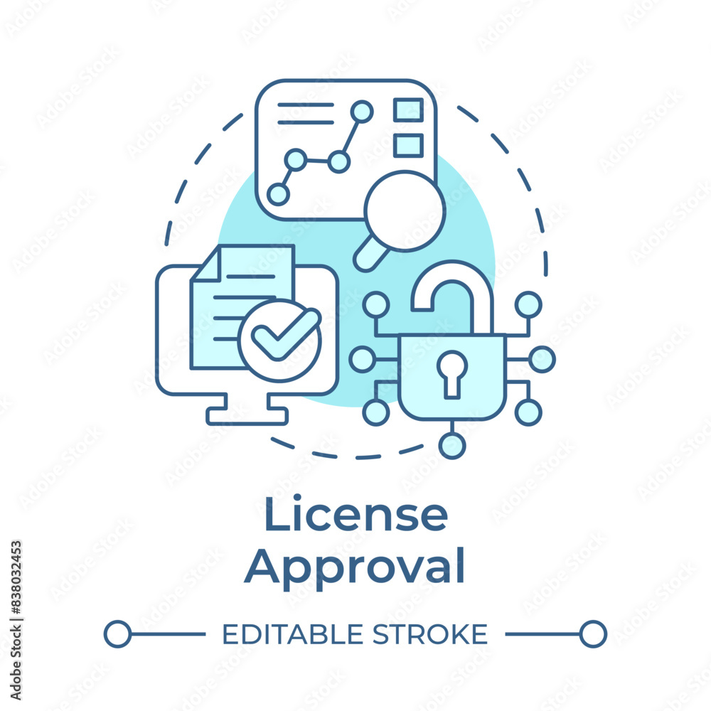 License approval soft blue concept icon. Software validation, certification documents. Round shape line illustration. Abstract idea. Graphic design. Easy to use in infographic, presentation License approval soft blue concept icon. Software validation, certification documents. Round shape line illustration. Abstract idea. Graphic design. Easy to use in infographic, presentation