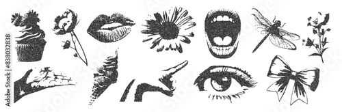  Elements with a retro photocopy effect. Eye, mouth, hand, cupcake, dragonfly, dried flowers, ice cream in halftone strokes for the design of Y2K collages. Vector illustration.
