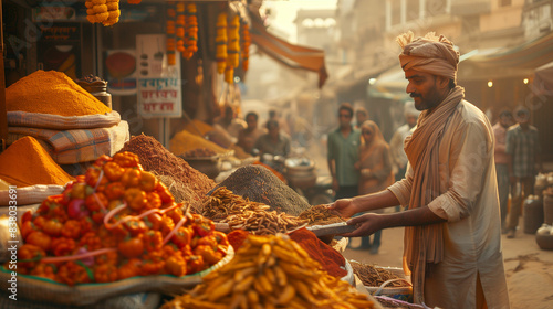 Man in turban standing in front of market photo