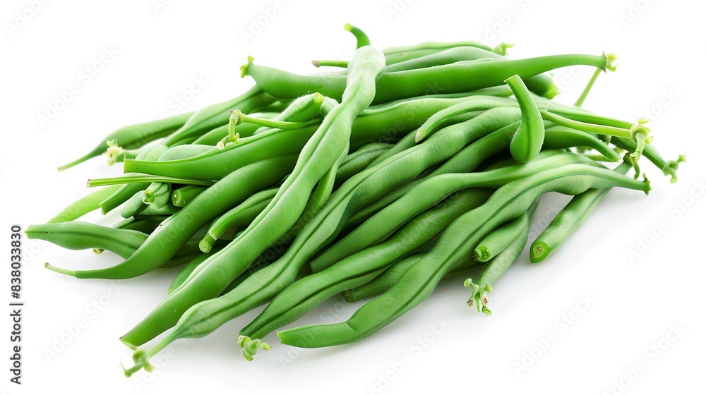 Fresh green beans isolated on white. Perfect for recipes, food blogs, or healthy eating promotions. A natural and crisp vegetable. AI Fresh green beans isolated on white. Perfect for recipes, food blogs, or healthy eating promotions. A natural and crisp vegetable. AI