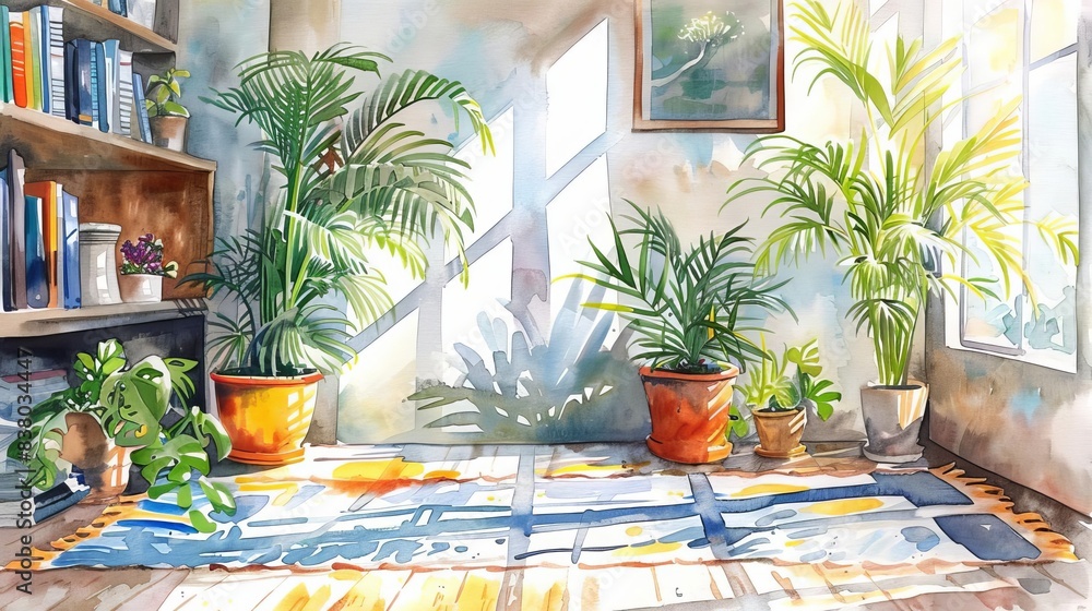 Fototapeta premium Indoor Dypsis lutescens, eclectic studio, colorful bohemian decor, mixed media