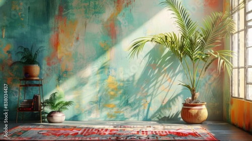 Indoor Dypsis lutescens, eclectic studio, colorful bohemian decor, mixed media photo