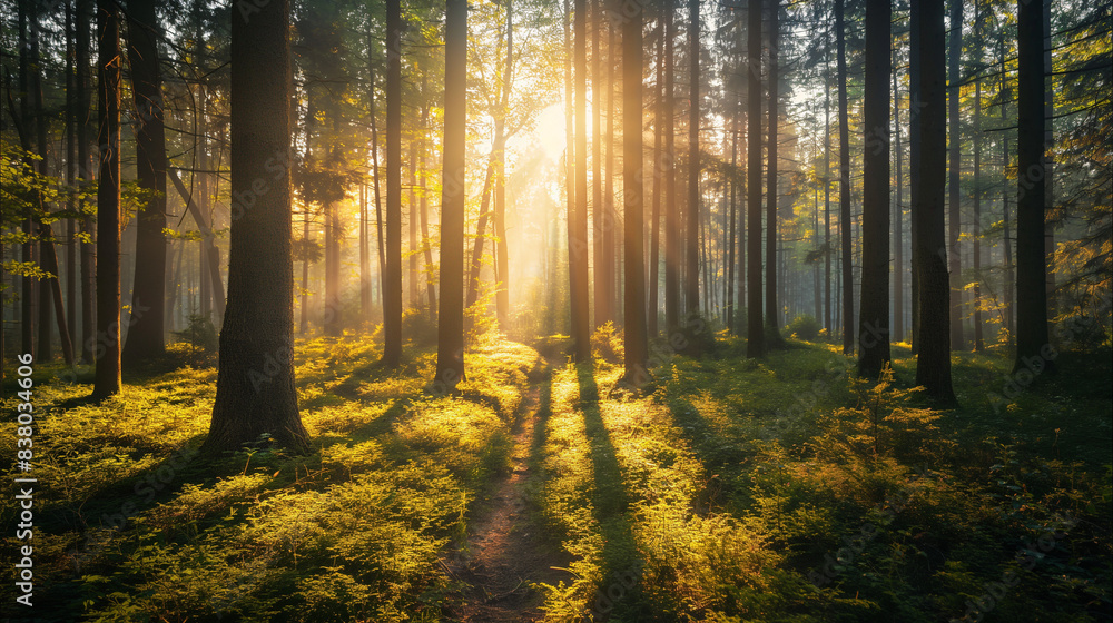 sunlight, rays, forest, trees, nature, landscape, sunshine, woods, scenic, sunlight through trees, woodland, outdoors, environment, sunny day, natural light, foliage, sunbeams, tranquil