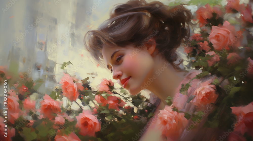 Naklejka premium Impressionist oil painting of woman among roses