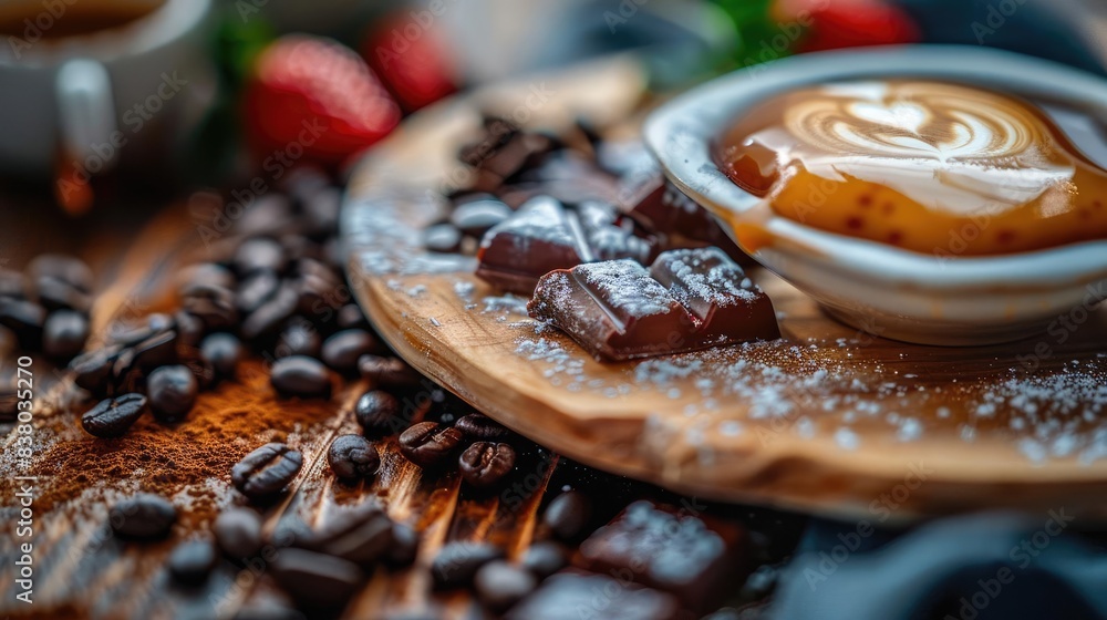 Assorted chocolates with caramel dip, coffee beans, and strawberries on a rustic wooden table in a cozy setting. Assorted chocolates with caramel dip, coffee beans, and strawberries on a rustic wooden table in a cozy setting.