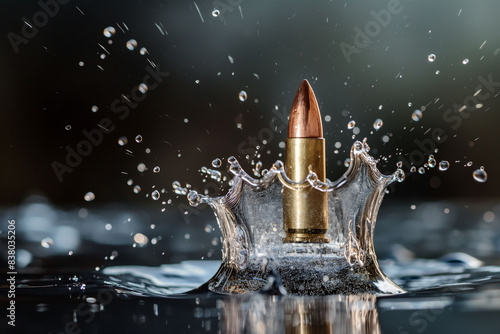 The bullet shoots through the water creating a dynamic splash that evokes precision. This powerful composition is ideal for themes of precision, accuracy, impact, movement and power photo