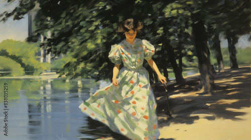 Woman walking through a park by a lake impressionist painting
