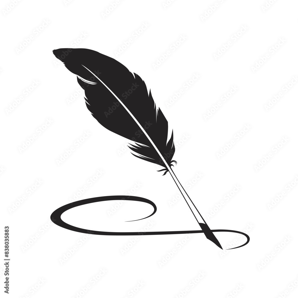 Vintage Feather quill pen with black ink stroke, classic stationery ...