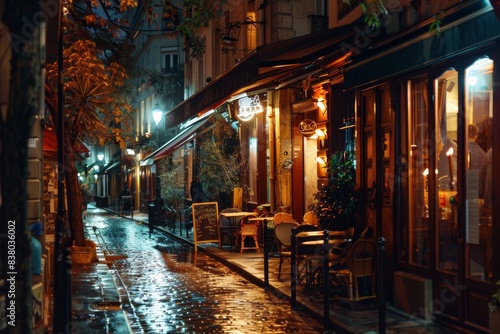 Fototapeta Naklejka Na Ścianę i Meble -  romantic Paris street at night with cozy lights, cafe terraces and restaurants after the rain