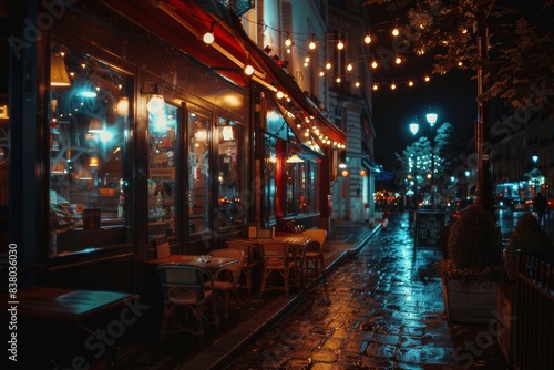 Fototapeta Naklejka Na Ścianę i Meble -  romantic Paris street at night with cozy lights, cafe terraces and restaurants after the rain
