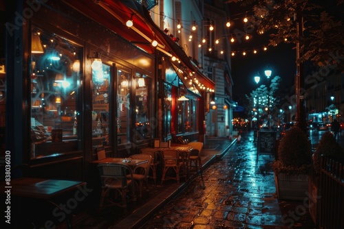 romantic Paris street at night with cozy lights, cafe terraces and restaurants after the rain