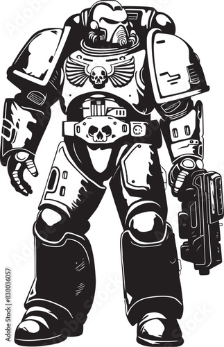 Futuristic Battle Robot Logo Robot Soldier with Weapon Cybernetic Warrior Emblem Vector Graphic