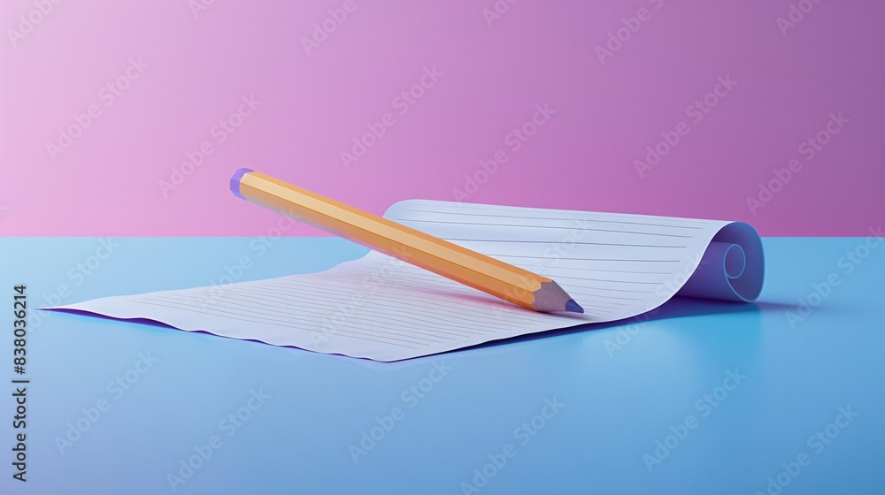 A yellow pencil resting on a roll of white lined paper on a blue surface with a pink background. Creative writing and office supplies concept. 3D Illustration. A yellow pencil resting on a roll of white lined paper on a blue surface with a pink background. Creative writing and office supplies concept. 3D Illustration.