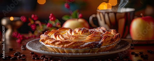 Warm, freshly baked apple pie on a rustic table setting with decorative apples and a steaming cup of coffee in the background. © Tin