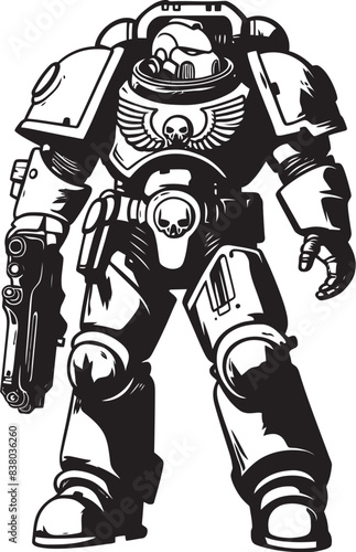 Futuristic Cyborg Soldier Badge Robot with Weapon War Machine Soldier Logo Futuristic Illustration