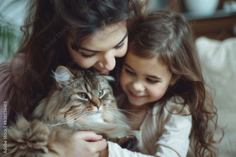 mother and daughter holding their Maine coon cat at veterinary clinic to to vaccine or for emergency, or at home mother and daughter holding their Maine coon cat at veterinary clinic to to vaccine or for emergency, or at home