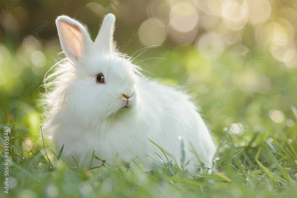 white bunny rabbit pet in the garden on green grass with copy space white bunny rabbit pet in the garden on green grass with copy space