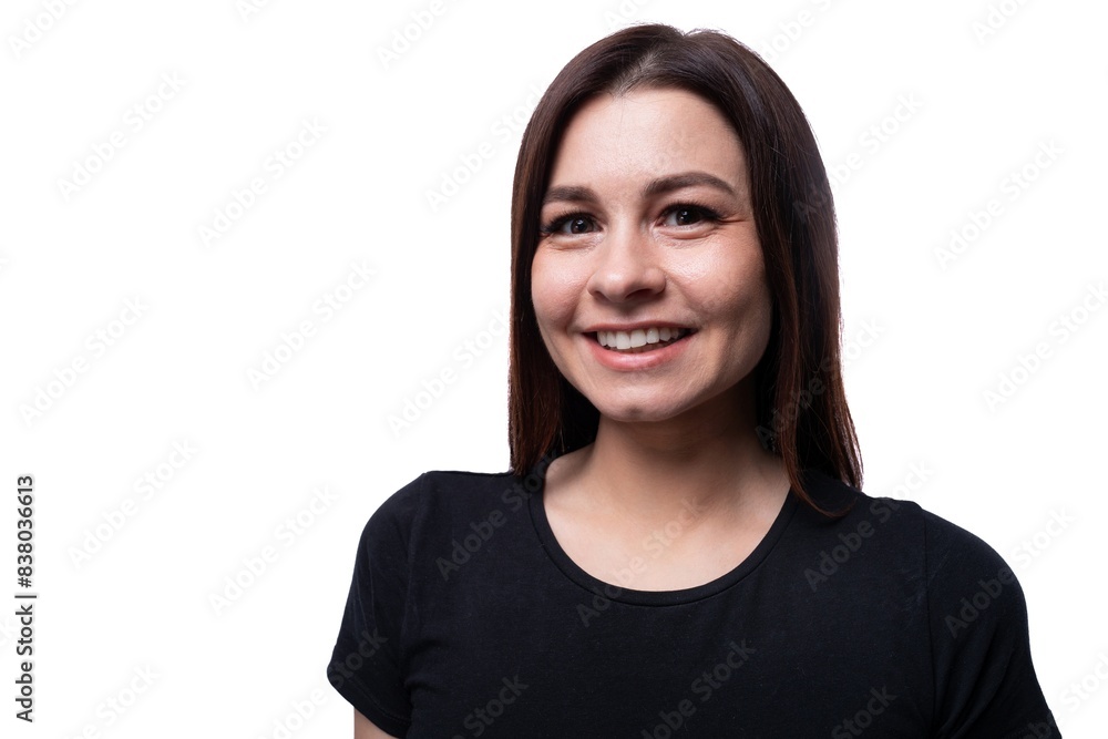 Fototapeta premium Caucasian cute young woman with black hair on white background