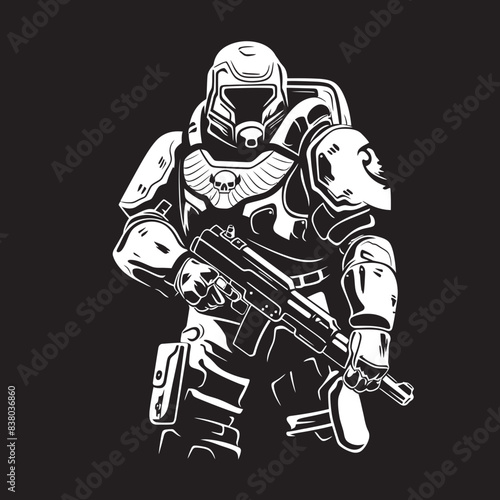 Futuristic War Robot Badge Army Man with Weapon Design Army Man Robot Emblem Military Futuristic Illustration