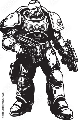 War Robot Soldier Badge Military Futuristic Design Army Man with Weapon Icon Futuristic War Illustration