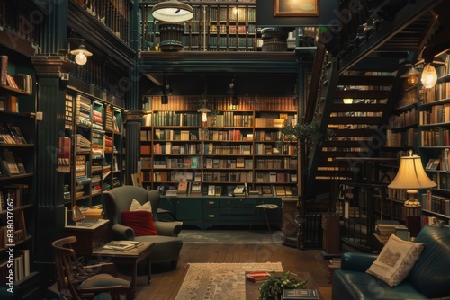 vintage books in library interior design - cozy bookstore inside view