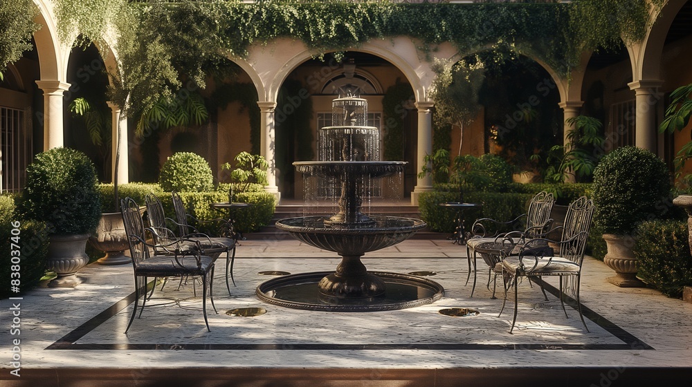 An elegant patio with marble flooring, wrought iron furniture, and a grand fountain centerpiece surrounded by manicured hedges and topiaries. An elegant patio with marble flooring, wrought iron furniture, and a grand fountain centerpiece surrounded by manicured hedges and topiaries.
