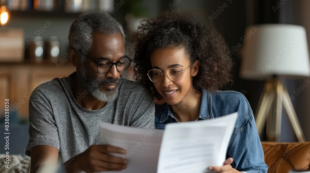 Happy black couple reviewing their life insurance policy documents