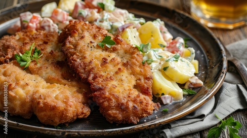 Closeup of a plate of schnitzel, featuring breaded and fried pork cutlet, served with potato salad, all set on a rustic wooden table in a cozy German beer hall atmosphere