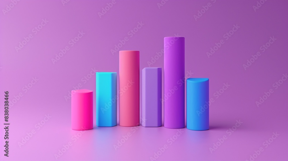 Colorful 3D bar graph on a purple background representing data visualization, statistics, and business analysis concepts. 3D Illustration. Colorful 3D bar graph on a purple background representing data visualization, statistics, and business analysis concepts. 3D Illustration.