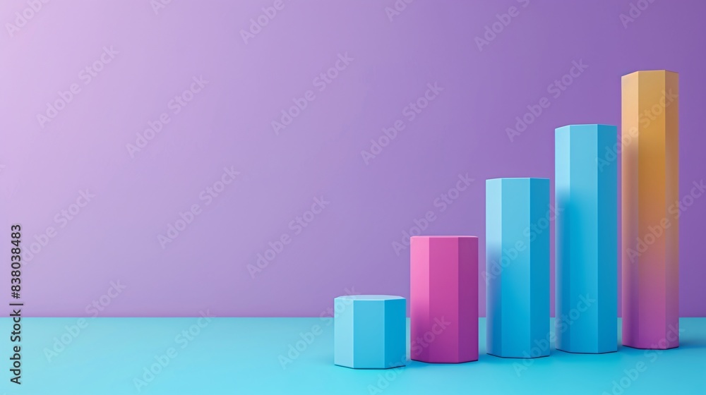 Colorful 3D bar graph on a purple and blue background, representing data analysis, growth, or business performance metrics in a modern style. 3D Illustration. Colorful 3D bar graph on a purple and blue background, representing data analysis, growth, or business performance metrics in a modern style. 3D Illustration.
