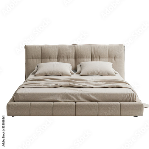 Contemporary low platform bed, neutral beige upholstery, padded headboard, white background. Minimalist, versatile design with png image.