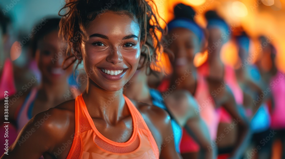 Group fitness class with energetic participants. Group fitness class with energetic participants.