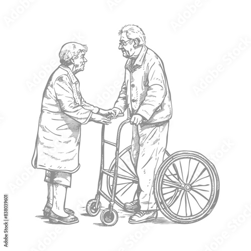 Elderly Couple Hand in Hand, Walker Support, Sketch Illustration.