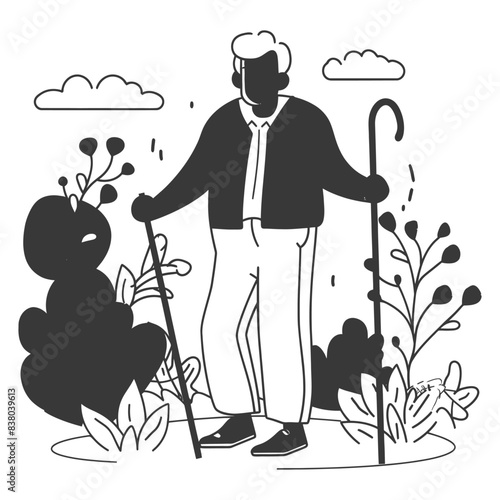 Line Art: Senior Stroll - Elderly Man with Walking Sticks in Stylized Garden.